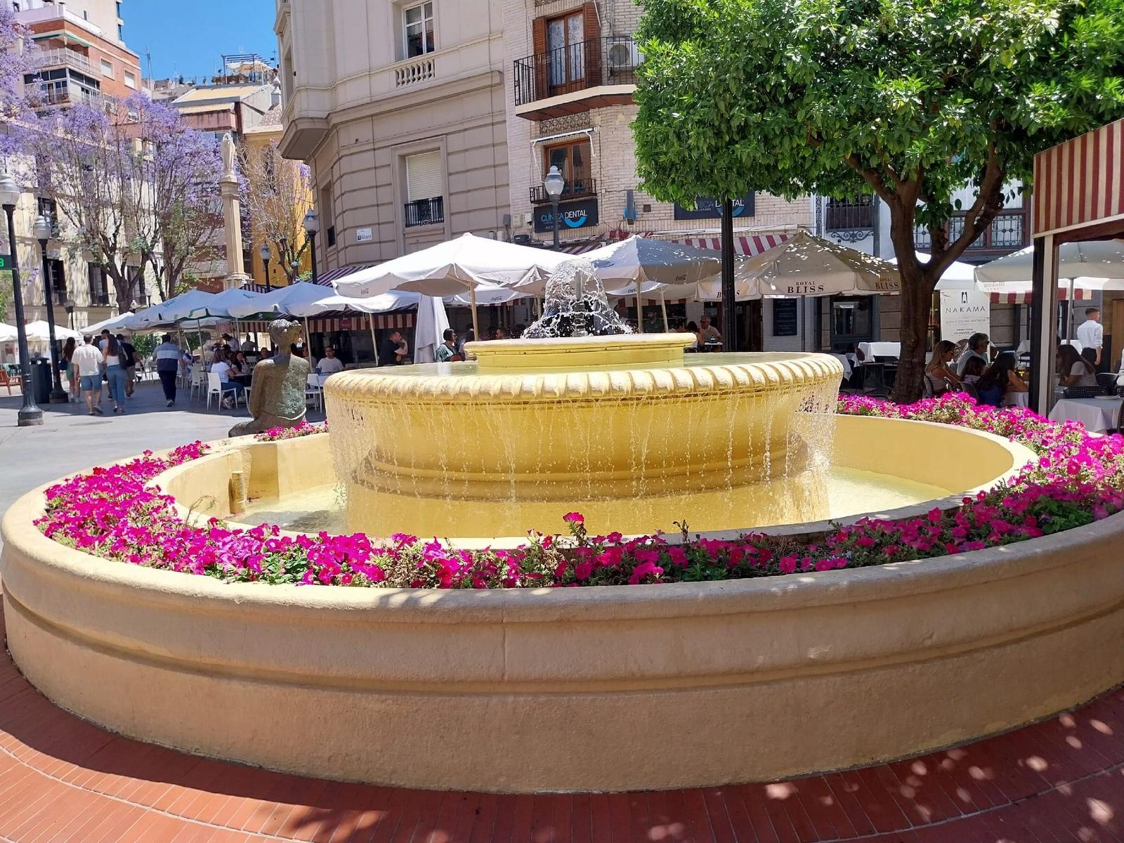 Fountain ringed with pink flowers in Murcia's Plaza de las Flores, with café terraces under white parasols, orange trees and jacaranda in bloom behind