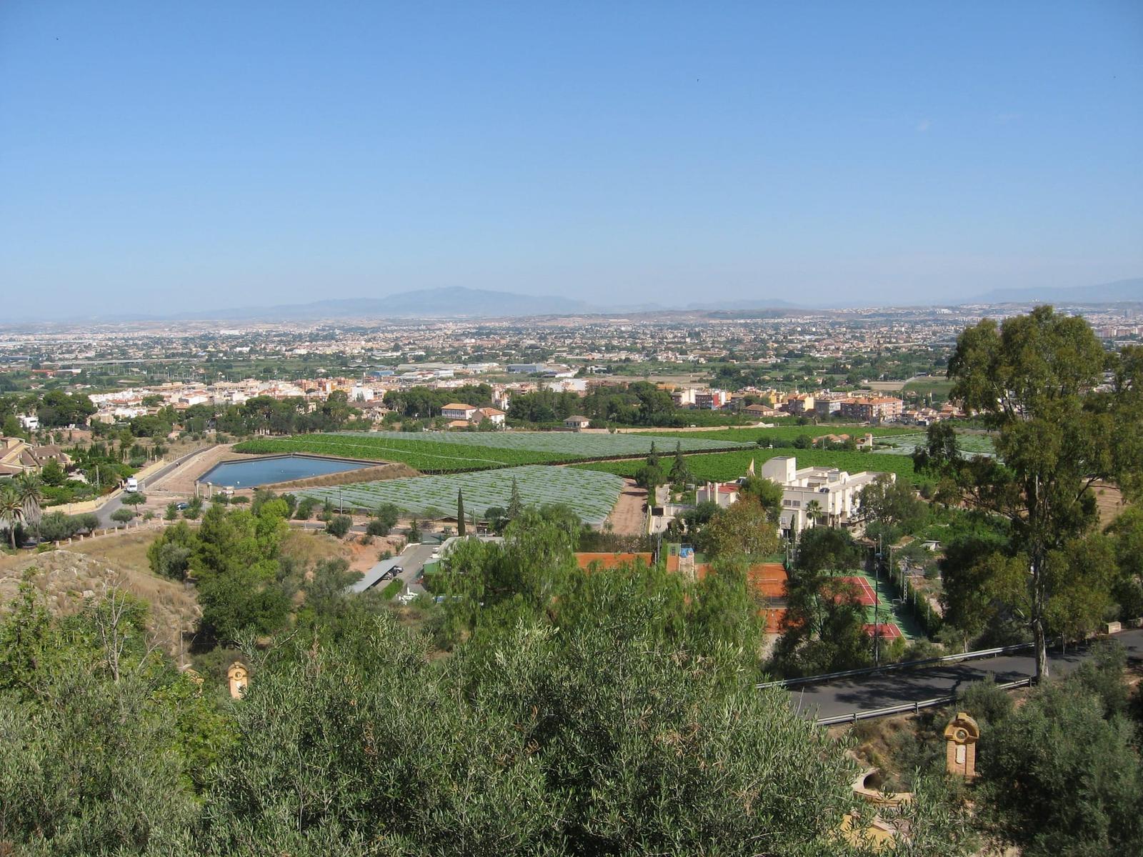 View over the huerta, Murcia's irrigated farmland plain, from the hills of the Fuensanta sanctuary: fields, an irrigation pond, villages and distant mountains