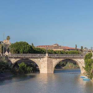 The river Segura flowing between stone embankments under the arched Puente de los Peligros (Old Bridge), with the cathedral bell tower rising over the trees of the city centre